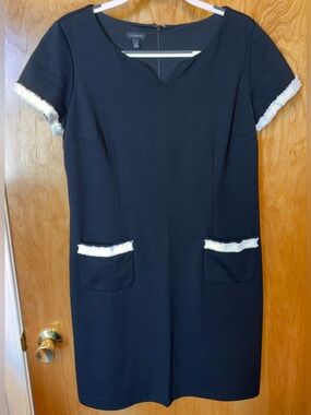 Talbots black ponte knit short sleeve shift dress with fringe trim Size 12